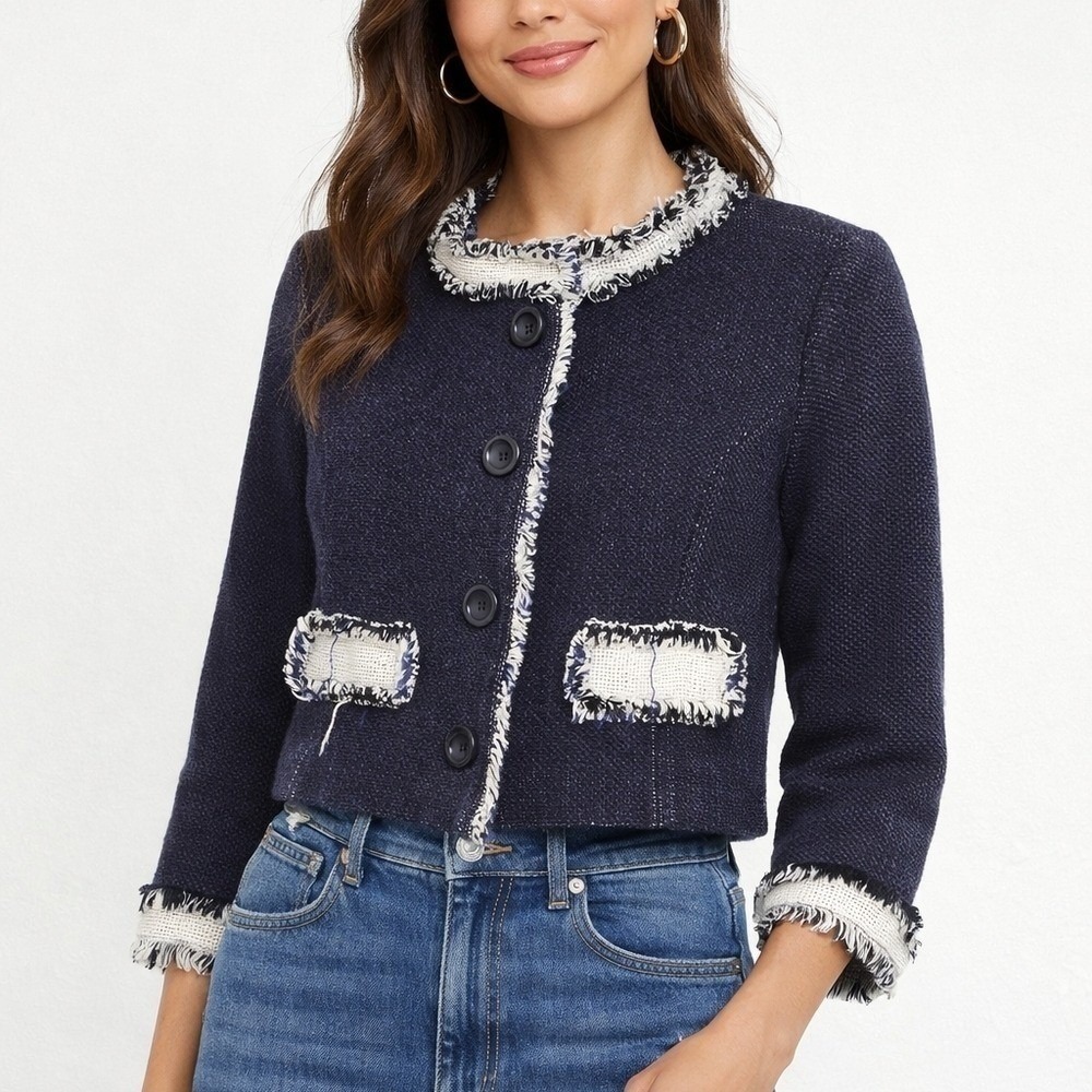 Tweed Cropped Jacket Women Small Navy Fringe Trim Classic Professional Woven